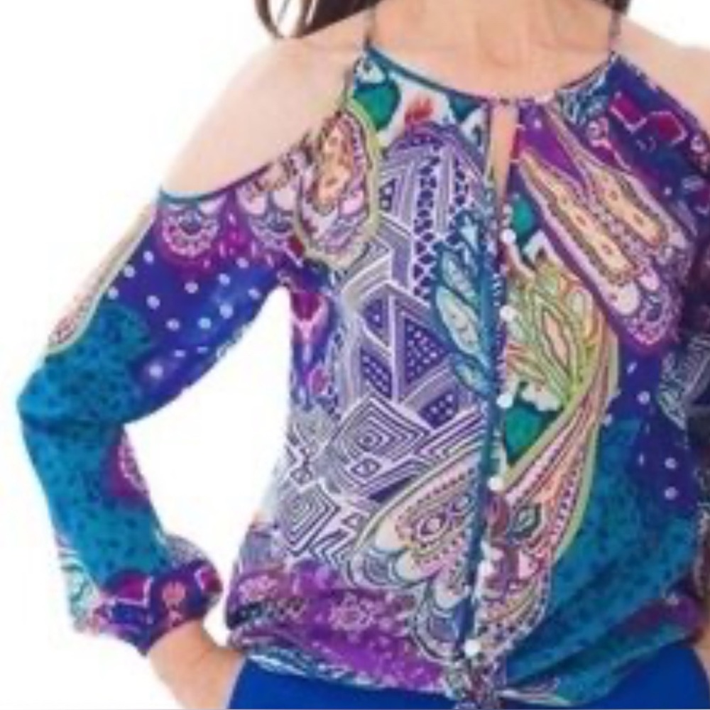 Chicos Women’s Open Shoulder Blue Paisley Button Up Top With Tie Front Size 2X
